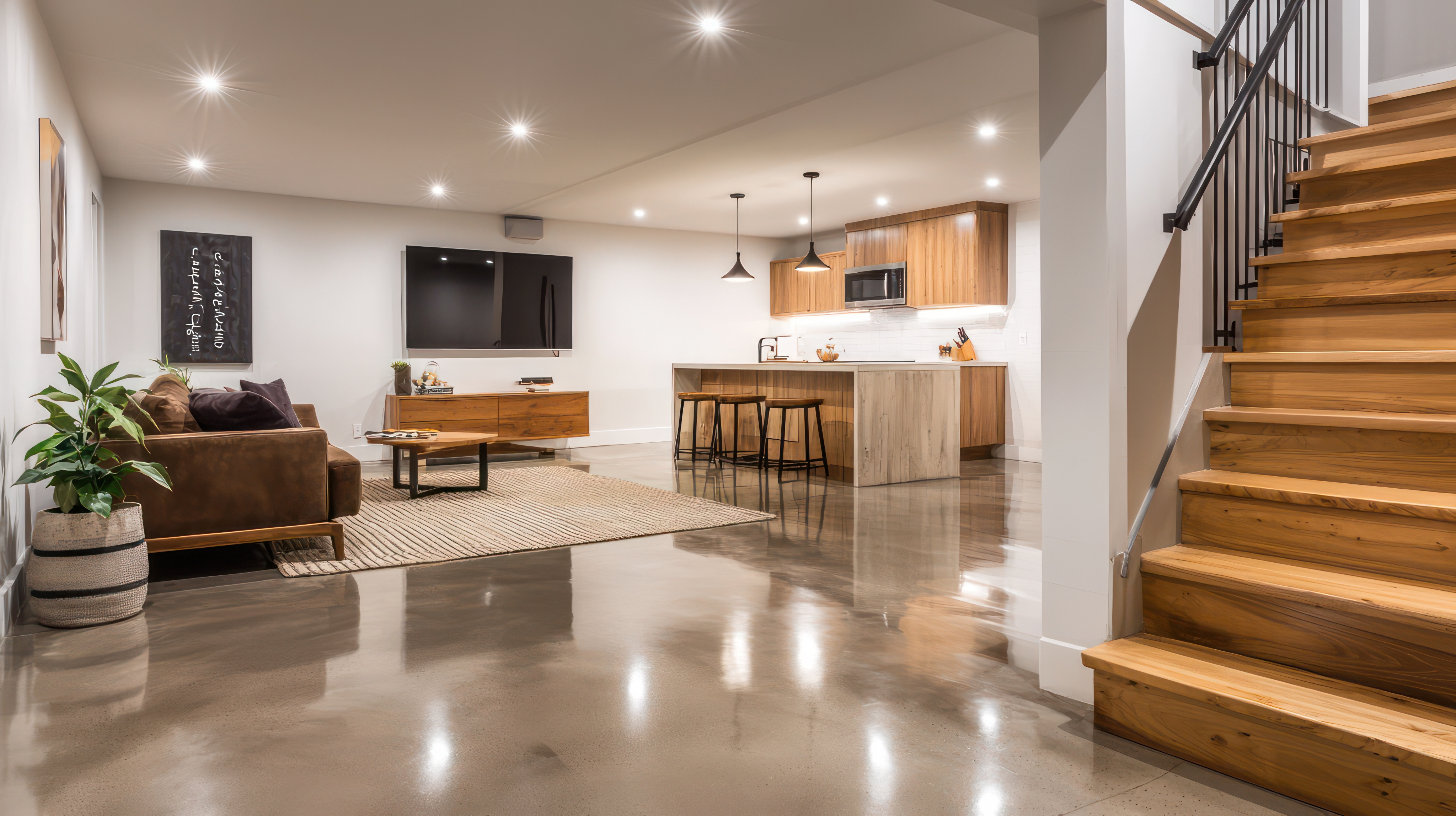 Finished basement staircase and living space.
