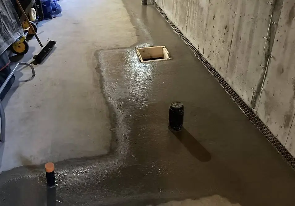 Interior waterproofing drainage installation.
